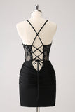 Sparkly Black Bodycon Spaghetti Corset Short Prom Dress with Lace Up Back