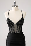 Sparkly Black Bodycon Spaghetti Corset Short Prom Dress with Lace Up Back