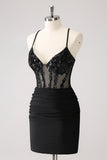 Sparkly Black Bodycon Spaghetti Corset Short Prom Dress with Lace Up Back