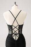 Sparkly Black Bodycon Spaghetti Corset Short Prom Dress with Lace Up Back