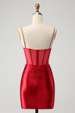 Glitter Fuchsia Spaghetti Straps Tight Corset Prom Dress with Beading