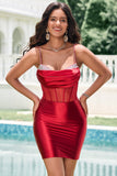 Unique Glitter Dark Red Beaded Satin Corset Tight Short Prom Dress