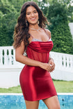 Unique Glitter Dark Red Beaded Satin Corset Tight Short Prom Dress