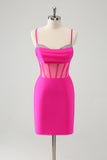 Glitter Fuchsia Spaghetti Straps Tight Corset Prom Dress with Beading