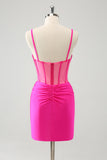 Glitter Fuchsia Spaghetti Straps Tight Corset Prom Dress with Beading