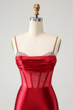 Glitter Dark Red Beaded Corset Satin Short Prom Dress