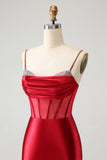 Glitter Dark Red Beaded Corset Satin Short Prom Dress