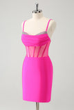 Glitter Fuchsia Spaghetti Straps Tight Corset Prom Dress with Beading