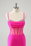 Glitter Fuchsia Spaghetti Straps Tight Corset Prom Dress with Beading