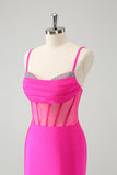 Glitter Fuchsia Spaghetti Straps Tight Corset Prom Dress with Beading