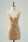 Golden Deep V Neck Sequins Tight Short Prom Dress