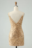 Golden Deep V Neck Sequins Tight Short Prom Dress