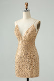 Golden Deep V Neck Sequins Tight Short Prom Dress