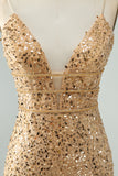 Golden Deep V Neck Sequins Tight Short Prom Dress