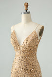 Golden Deep V Neck Sequins Tight Short Prom Dress