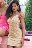 Sparkly Golden Tight Spaghetti Straps Backless Prom Dress with Sequins