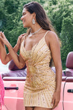 Sparkly Golden Tight Spaghetti Straps Backless Prom Dress with Sequins