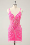 Spaghetti Straps Fuchsia Bodycon Prom Dress with Sequins