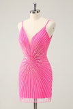 Spaghetti Straps Fuchsia Bodycon Prom Dress with Sequins