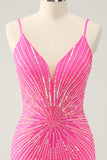 Spaghetti Straps Fuchsia Bodycon Prom Dress with Sequins