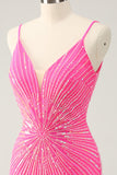 Spaghetti Straps Fuchsia Bodycon Prom Dress with Sequins