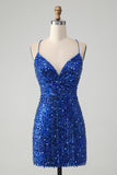 Royal Blue Spaghetti Straps Sequins Print Short Prom Dress