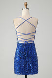 Royal Blue Spaghetti Straps Sequins Print Short Prom Dress