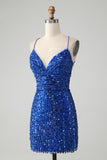 Royal Blue Spaghetti Straps Sequins Print Short Prom Dress