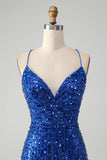 Royal Blue Spaghetti Straps Sequins Print Short Prom Dress