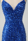 Royal Blue Spaghetti Straps Sequins Print Short Prom Dress