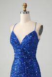 Royal Blue Spaghetti Straps Sequins Print Short Prom Dress