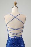 Royal Blue Spaghetti Straps Sequins Print Short Prom Dress