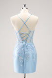 Blue Corset Applique Tight Short Prom Dress with Sequins