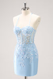 Blue Corset Applique Tight Short Prom Dress with Sequins