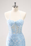 Blue Corset Applique Tight Short Prom Dress with Sequins