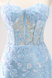 Blue Corset Applique Tight Short Prom Dress with Sequins