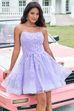 Cute Glitter Lilac A Line Sequins Short Lace Up Back Prom Dress with Appliques