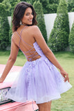 Cute Glitter Lilac A Line Sequins Short Lace Up Back Prom Dress with Appliques