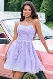 Cute Glitter Lilac A Line Sequins Short Lace Up Back Prom Dress with Appliques