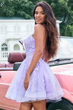 Cute Glitter Lilac A Line Sequins Short Lace Up Back Prom Dress with Appliques