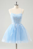 Cute Glitter Blue A Line Sequins Short Prom Dress with Appliques