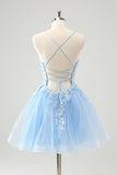 Cute Glitter Blue A Line Sequins Short Prom Dress with Appliques