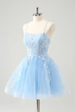 Cute Glitter Blue A Line Sequins Short Prom Dress with Appliques