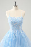 Cute Glitter Blue A Line Sequins Short Prom Dress with Appliques