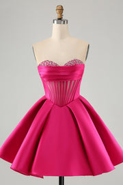 Fuchsia Sweetheart A Line Short Satin Prom Dress