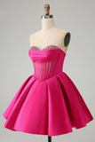 Fuchsia Sweetheart A Line Short Satin Prom Dress