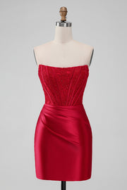 Sparky Red Strapless Bodycon Short Prom Dress with Lace