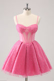 Pink A-Line Spaghetti Straps Corset Prom Dress with Sequins