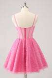 Pink A-Line Spaghetti Straps Corset Prom Dress with Sequins