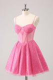 Pink A-Line Spaghetti Straps Corset Prom Dress with Sequins